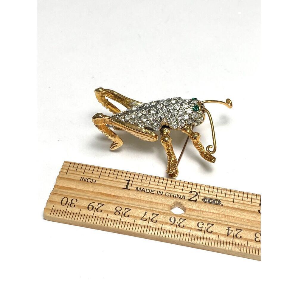 Grasshopper Brooch Rhinestones Figural 3D Detailed Gold Tone Insect Large